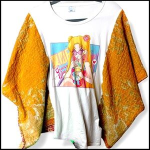 Anime Upcycle Kantha Tee Poncho Handmade